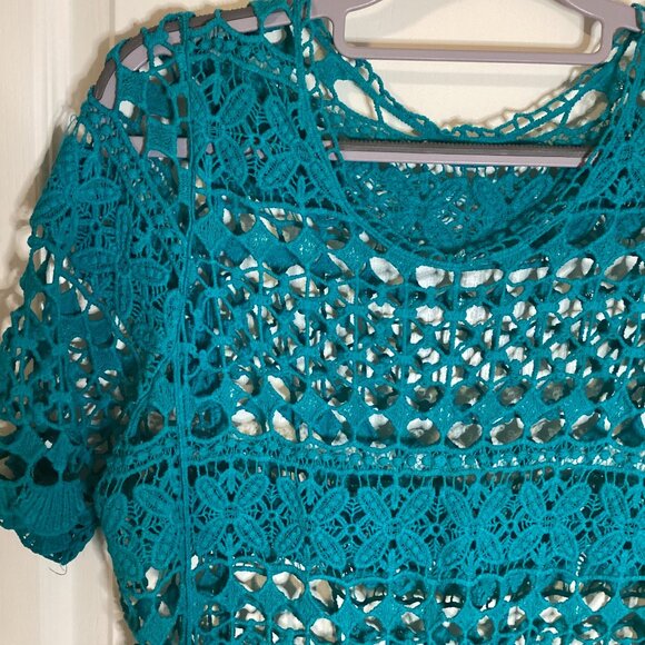 Women's Blue Crochet Sheer Top Short Sleeve Blouse Beach Cover-up Vacation - Picture 3 of 5